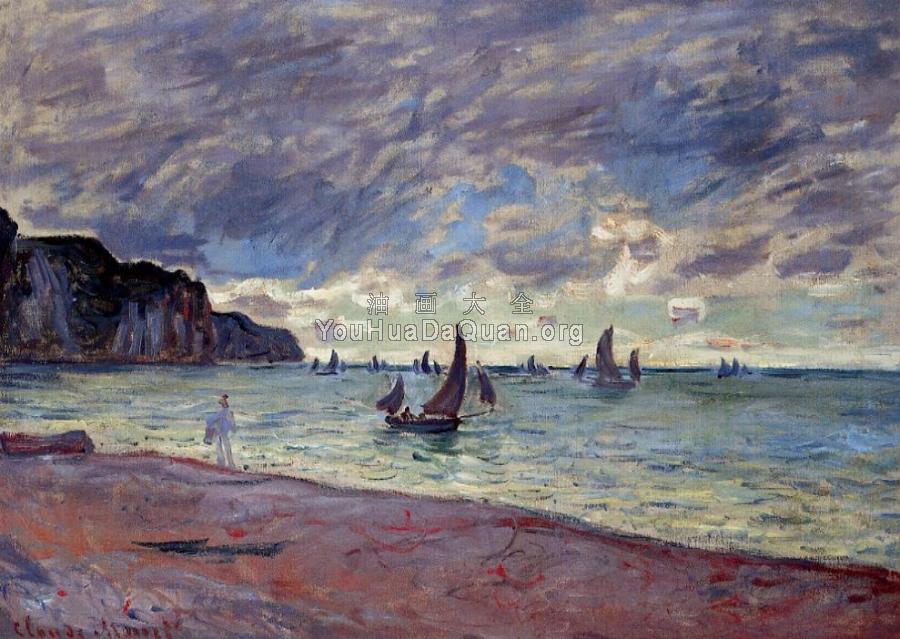 Fishing Boats by the Beach and the Cliffs of Pourville - 克劳德·莫奈